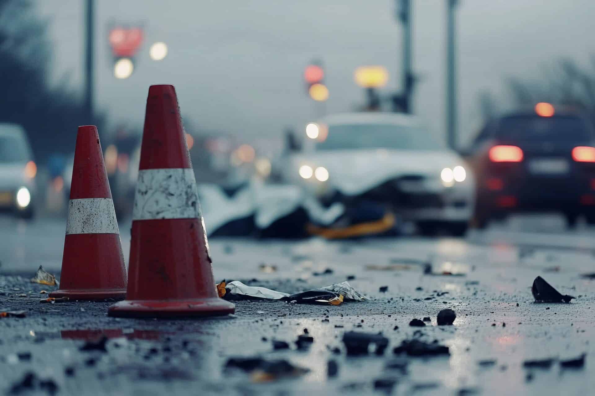 Traffic cones are placed on a wet road near scattered debris, with multiple cars in the background. The scene suggests a recent accident. The atmosphere is foggy, and the road is reflective from rain.